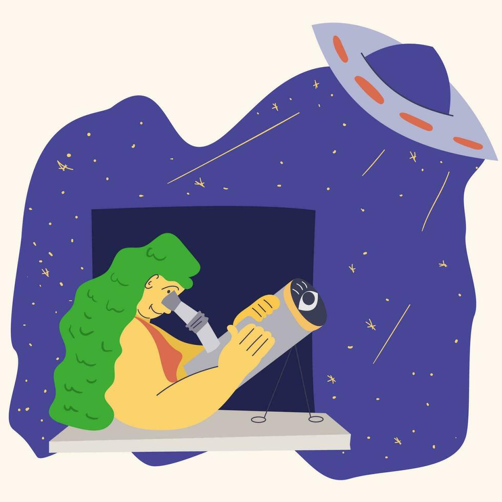 een Memphis stijl tekening van een abstract vrouw aan het kijken een ufo door een ruimte telescoop van een venster vector kleur vlak illustratie