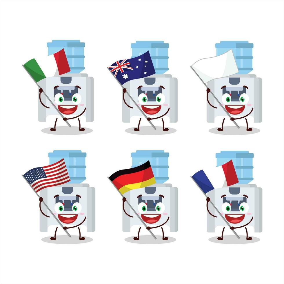 water koeler tekenfilm karakter brengen de vlaggen van divers landen vector
