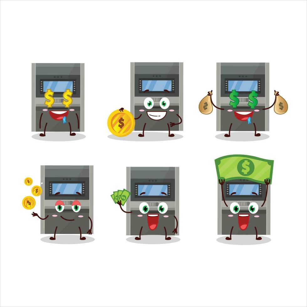 Geldautomaat machine tekenfilm karakter met schattig emoticon brengen geld vector