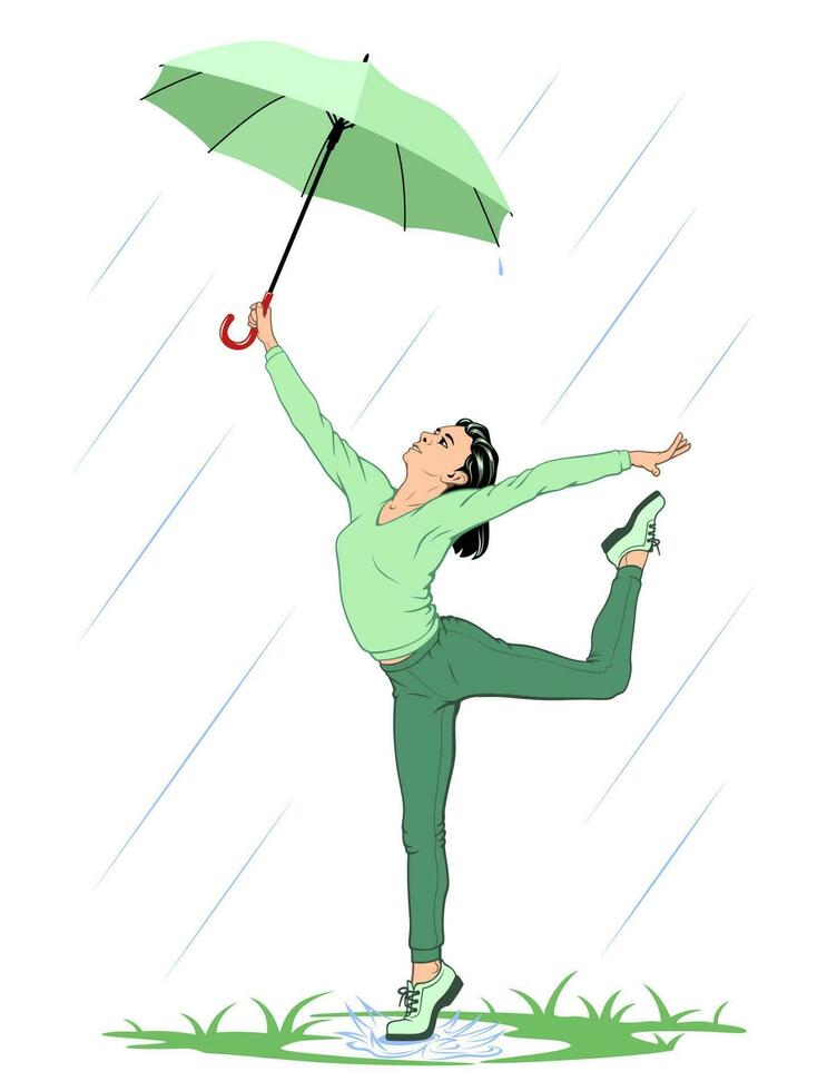 meisje met paraplu dansen in de voorjaar regen. realistisch vector tekening.
