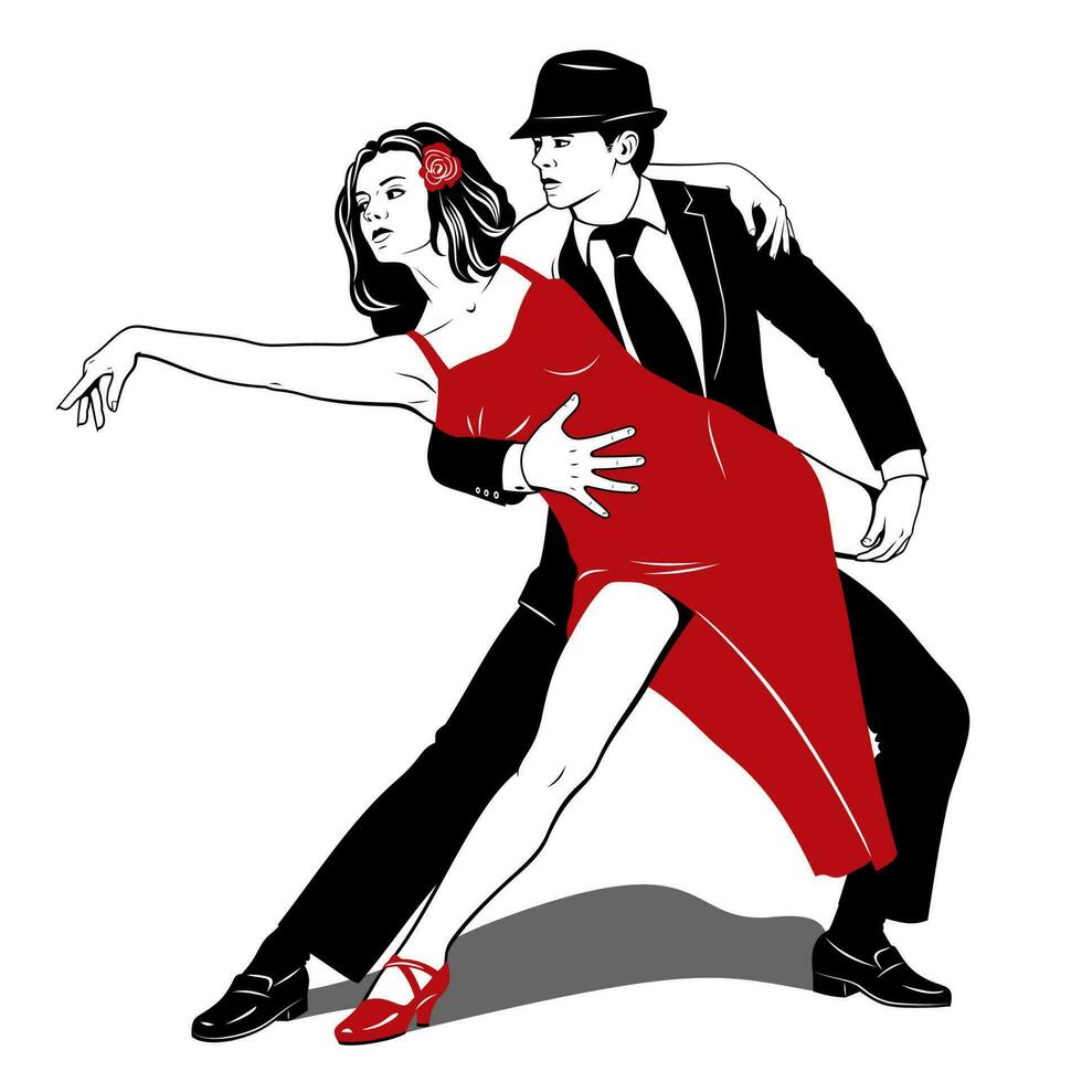 paar dansen tango. vrouw in rood jurk, Mens in zwart pak. vector tekening.