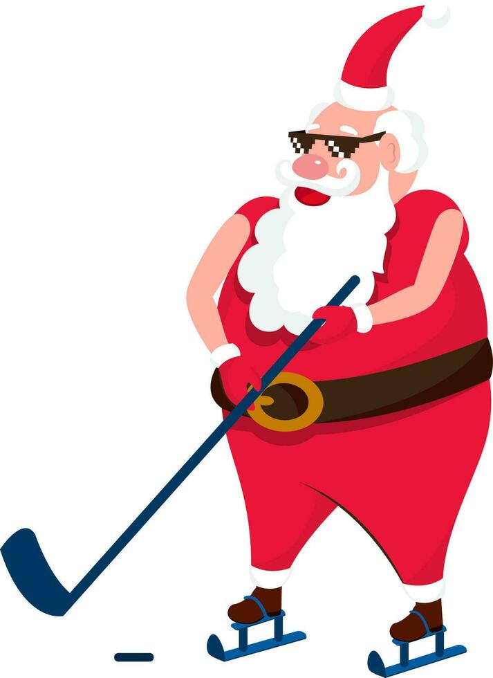 koel de kerstman clausule vervelend zwart stofbril met ijs hockey stok. vector