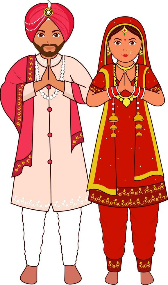 Sikh bruiloft paar groet namaste in traditioneel jurk. vector