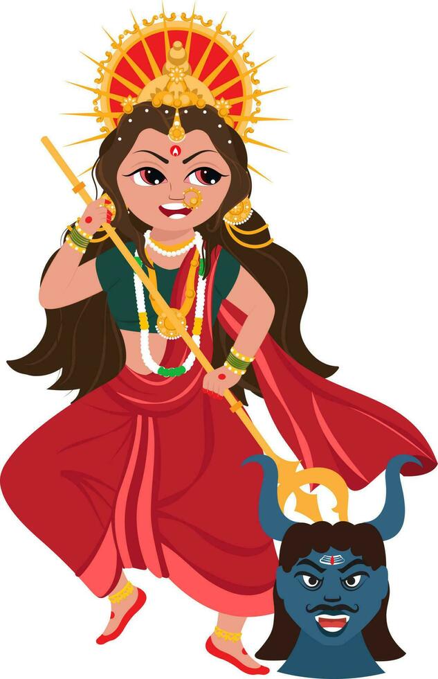 Hindoe mythologie godin durga doden mahishasura demon Aan wit achtergrond. vector