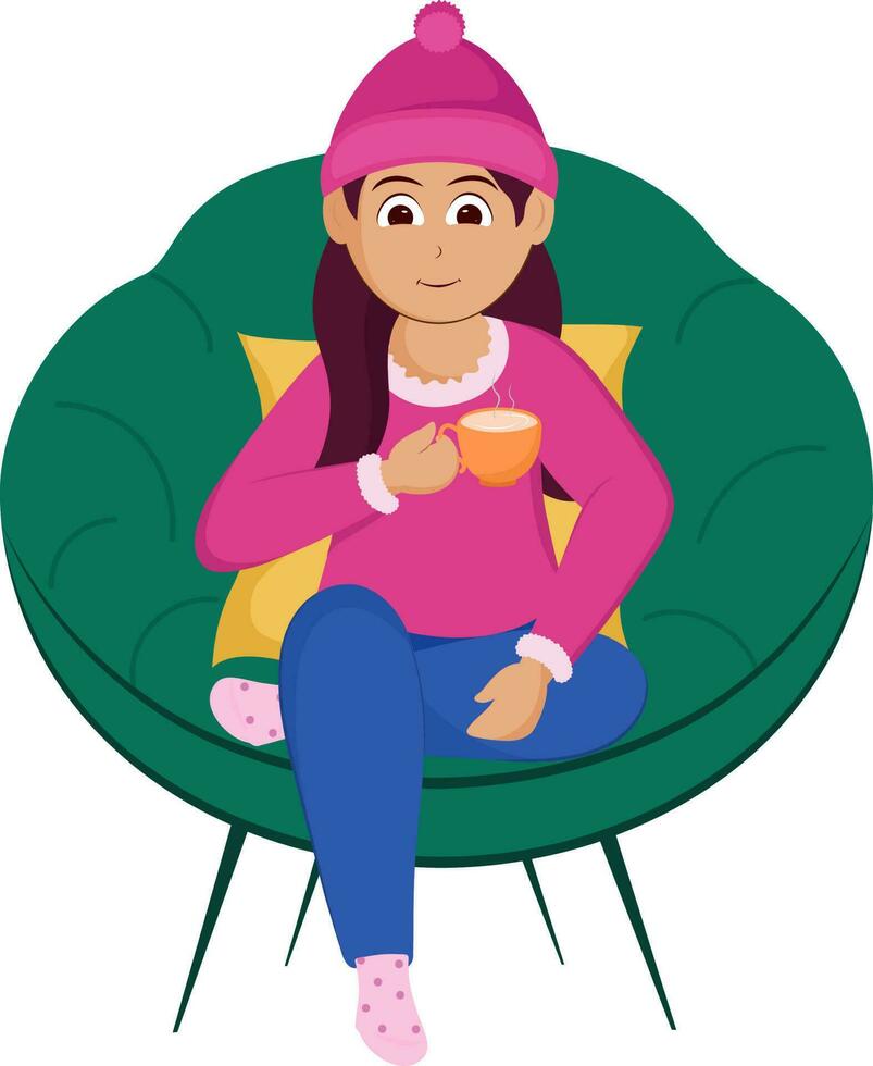 tekenfilm jong meisje drinken thee of koffie in wollen kleren Bij sofa illustratie. vector