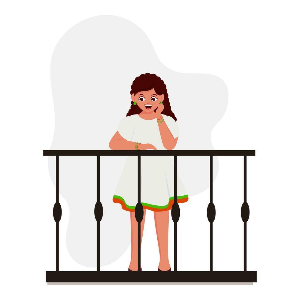 illustratie van schattig meisje staand Bij balkon Aan wit achtergrond. vector