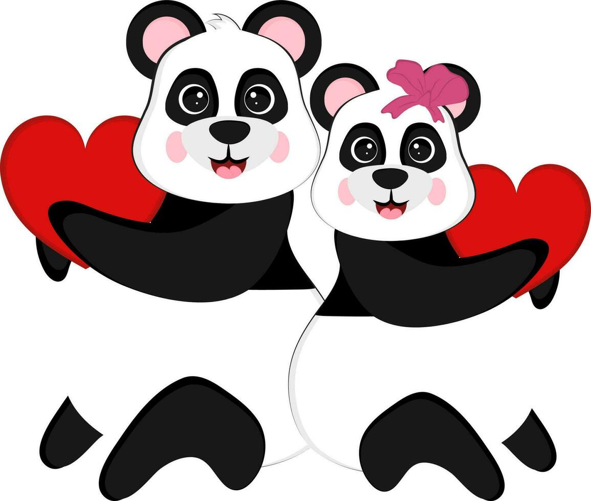 grappig panda paar Holding hart over- wit achtergrond. vector