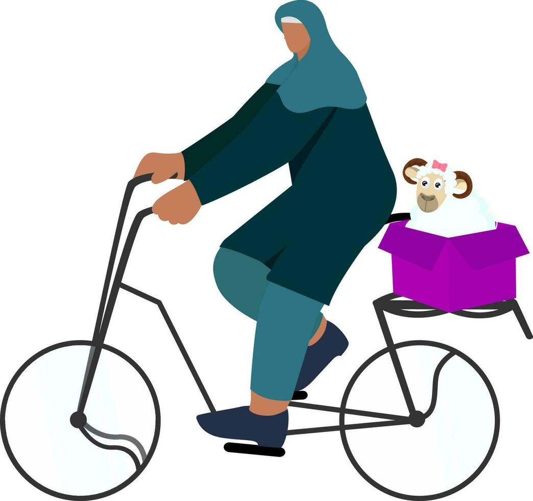 illustratie van moslim kaart karakter het rijden fiets met schapen in doos. vector