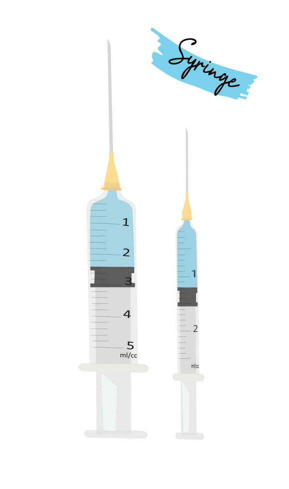 medisch injectiespuit vector set. injectiespuit met blauw vloeistof vector geïsoleerd Aan wit achtergrond. medisch gereedschap voor injectie. vlak vector in tekenfilm stijl.