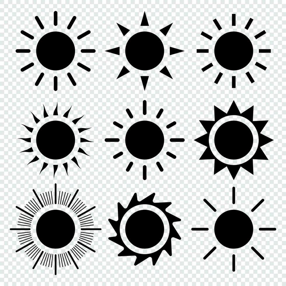 zon icoon set. zwart zon ster pictogrammen verzameling. zwart zonnen cirkels. modieus zomer symbool. vector illustratie