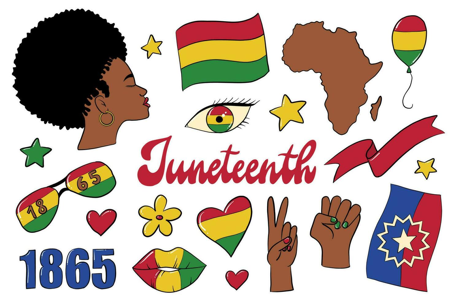 reeks van juneteenth krabbels, klem kunst, tekenfilm elementen voor stickers, kleding decor, afdrukken, tekens, pictogrammen, kaarten, enz. 18 geïsoleerd juneteenth krabbels. eps 10 vector