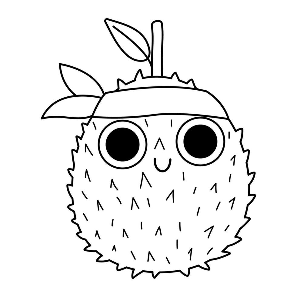 vector zwart en wit grappig kawaii durian lijn icoon of kleur bladzijde. piraat fruit illustratie. grappig fabriek met ogen, hoofd band en mond geïsoleerd Aan wit achtergrond