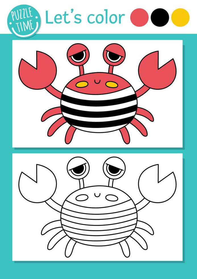 piraat kleur bladzijde voor kinderen met schattig krab. vector schat eiland schets illustratie. kleur boek voor kinderen met gekleurde voorbeeld. tekening vaardigheden afdrukbare werkblad