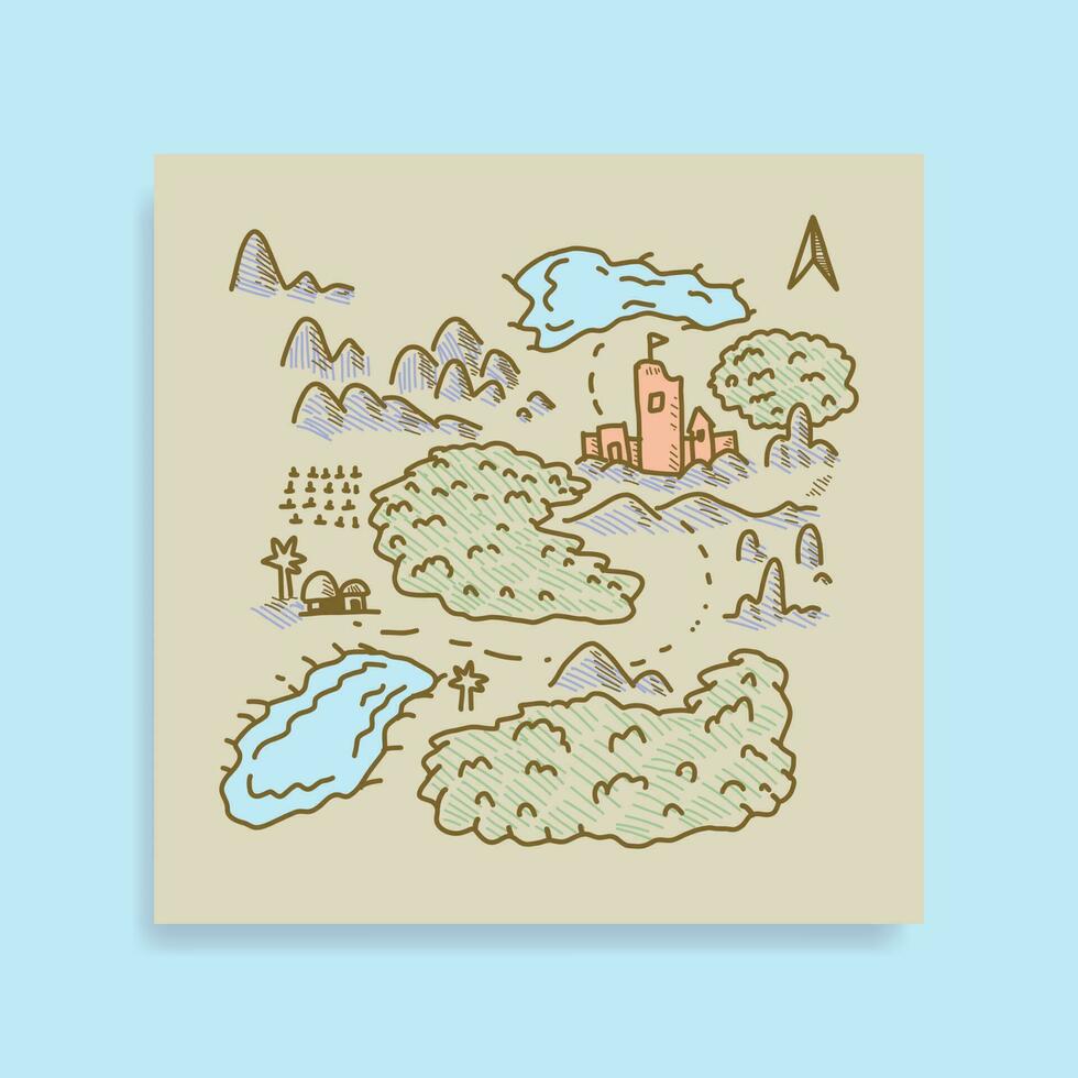 hand getekend fantasie kaart van koninkrijken, bergen, meren en bossen vector