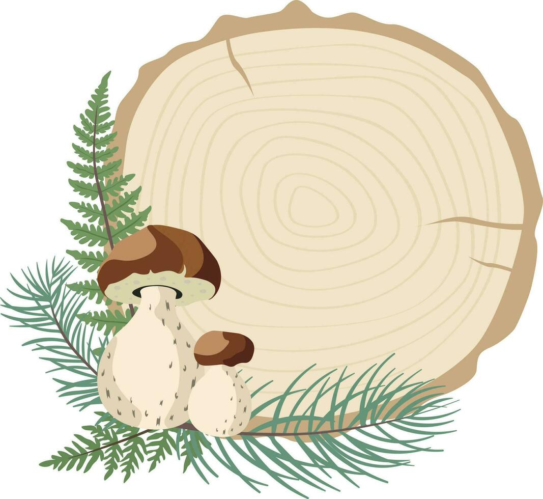 houten besnoeiing met herfst champignons en bladeren in geïsoleerd achtergrond vector