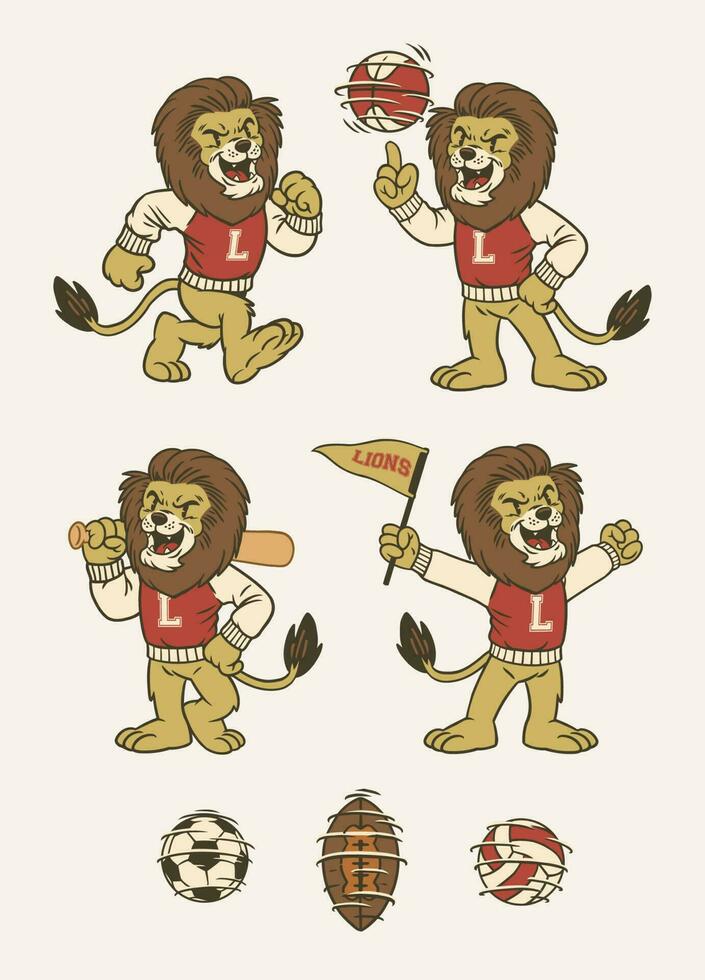reeks van leeuw sport mascotte in wijnoogst retro hand- getrokken stijl vector