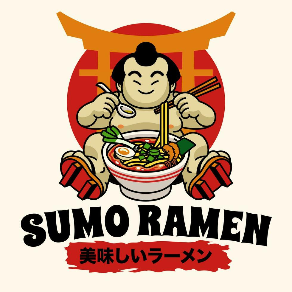 schattig sumo mascotte karakter aan het eten ramen noodle Japans woord middelen heerlijk ramen vector