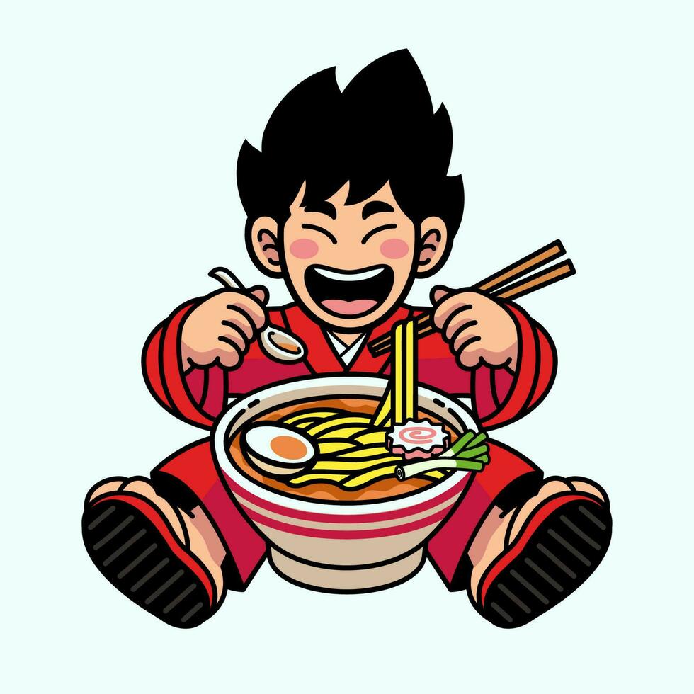 vrolijk Japans jongen aan het eten ramen noodle vector