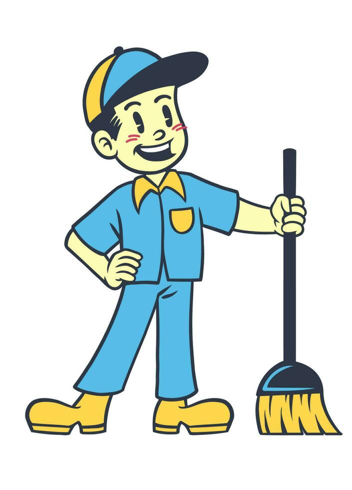 mascotte karakter van schoonmaakster arbeider in retro wijnoogst stijl vector