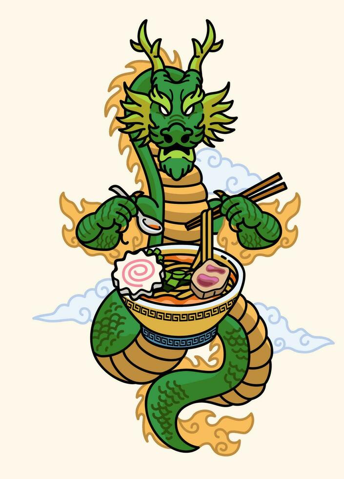 draak van Japans cultuur aan het eten ramen noodle vector