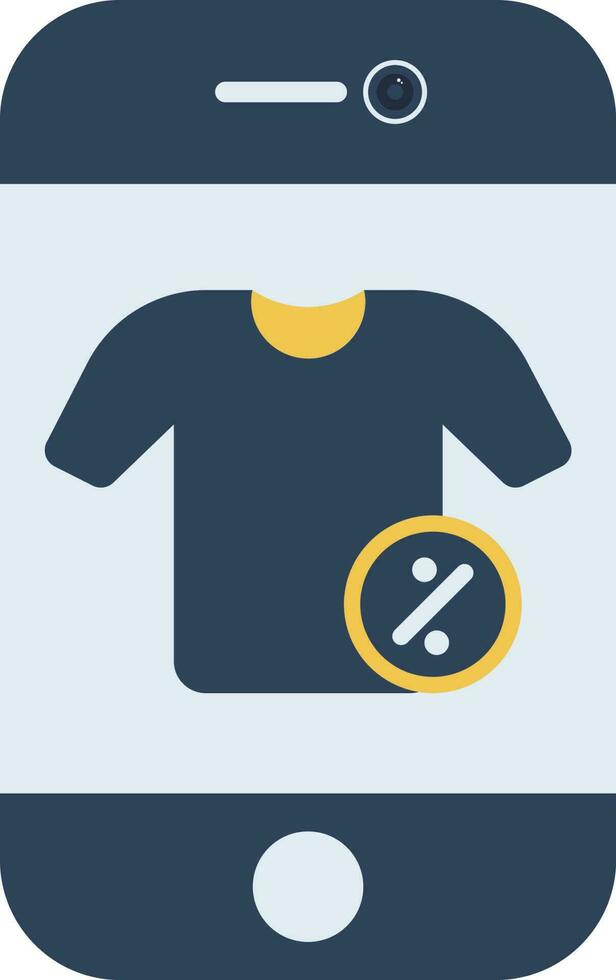 t-shirt korting aanbod in smartphone scherm voor online boodschappen doen blauw en geel icoon. vector