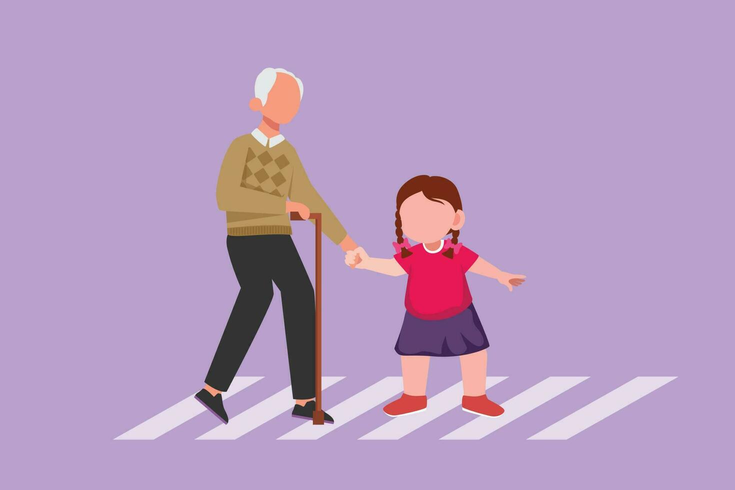 karakter vlak tekening beleefd schattig weinig meisje helpen opa naar kruis straat. beleefd soort kind nemen oud Mens aan de overkant weg, Holding hand. manieren en respect. tekenfilm ontwerp vector illustratie