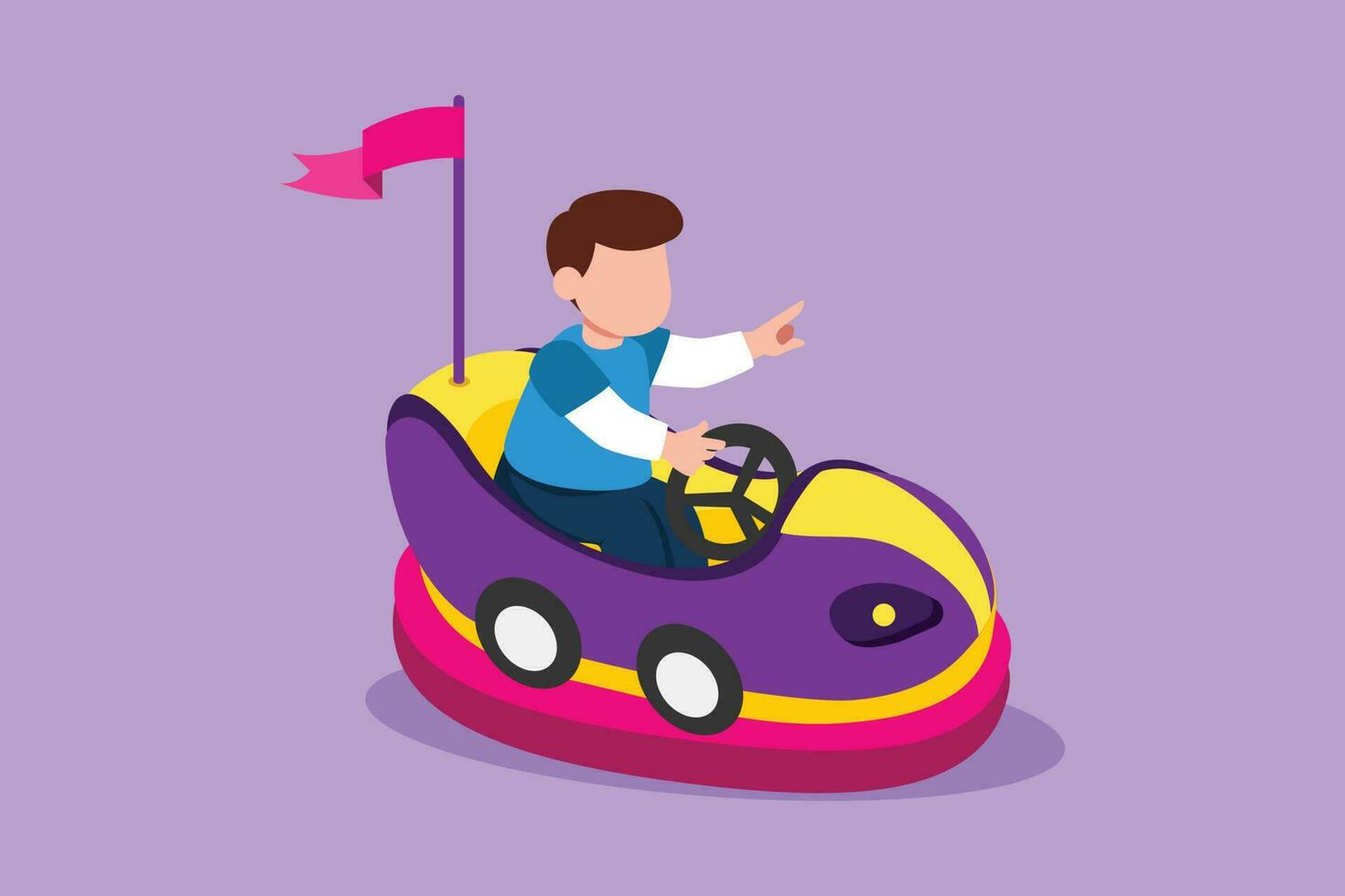 grafisch vlak ontwerp tekening vrolijk weinig jongen rijden in buil auto Bij buitenshuis speelplaats. gelukkig kinderen het rijden botsauto. kinderen rijden buil auto's Bij amusement park. tekenfilm stijl vector illustratie