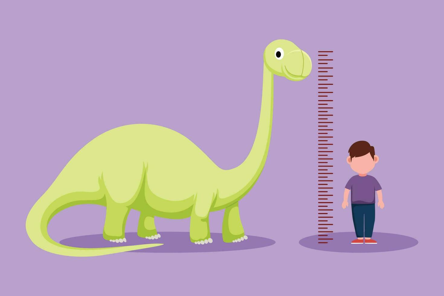 tekenfilm vlak stijl tekening aanbiddelijk weinig jongen meten zijn hoogte met brontosaurus hoogte tabel Aan muur. kinderen maatregelen groei Bij school. kind meten hoogte. grafisch ontwerp vector illustratie