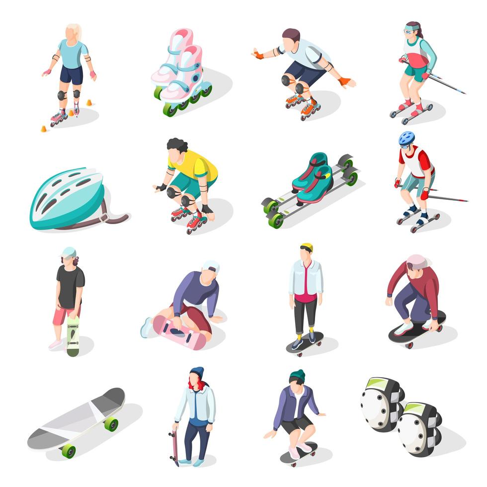 roller en skateboarders isometrische iconen vector illustratie