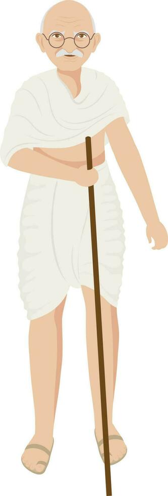 karakter van mahatma Gandhiji staand met stok Aan wit achtergrond. vector