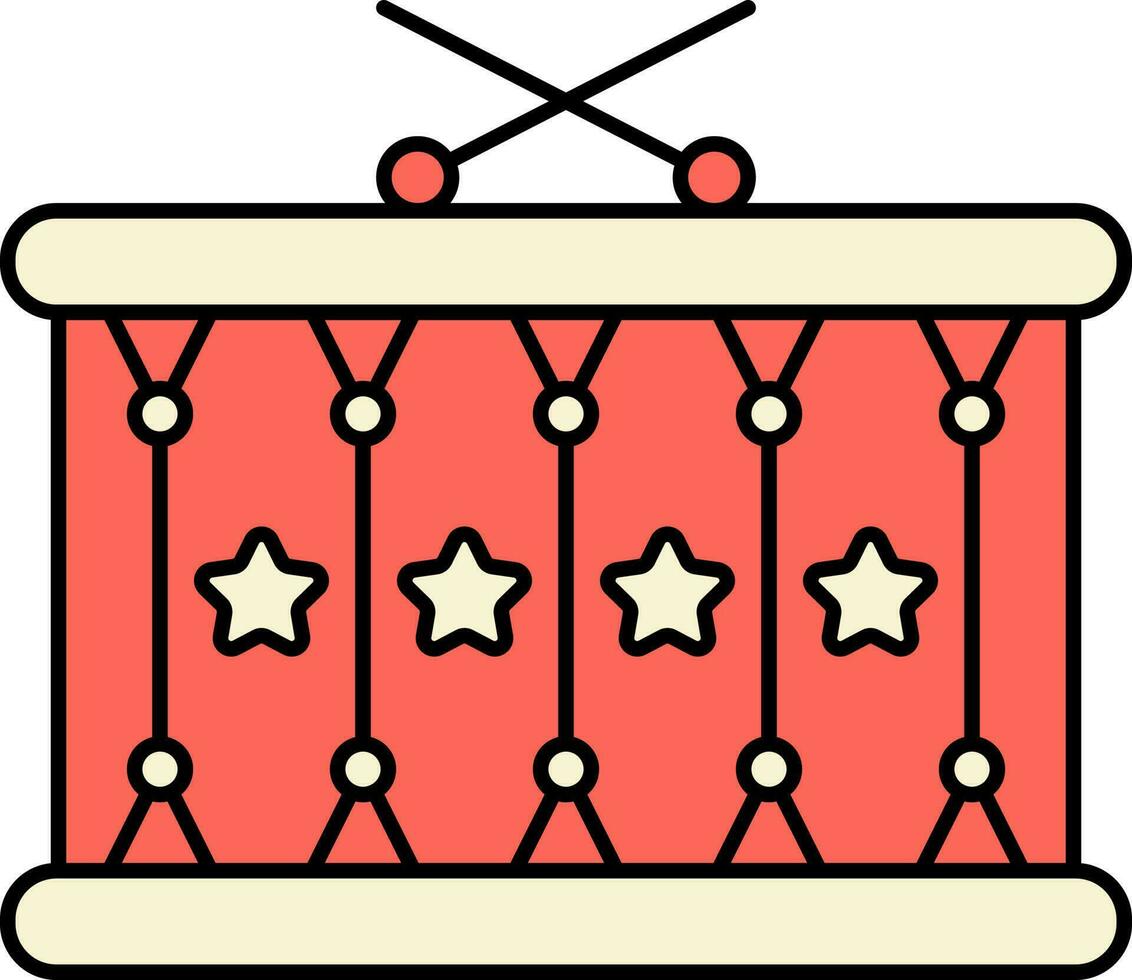 magisch muziek- trommel met kruis stok rood en geel icoon. vector