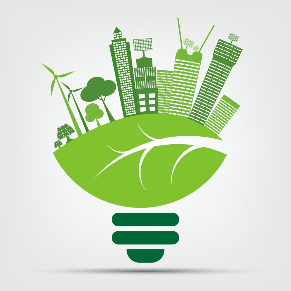 symbool ecologie lamp logo's van groen met zon en bladeren natuur element pictogram op witte achtergrond vector