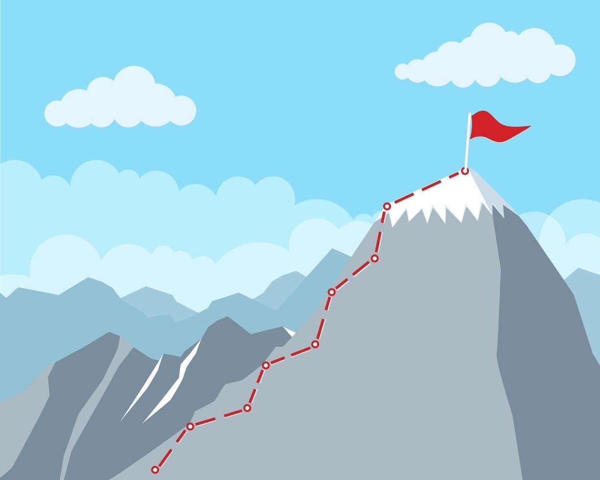 bergbeklimmen route naar de top zakelijk winnen concept doel prestatie succes leiderschap vlakke stijl ontwerp vector illustratie bergtop top van de rots route vlag