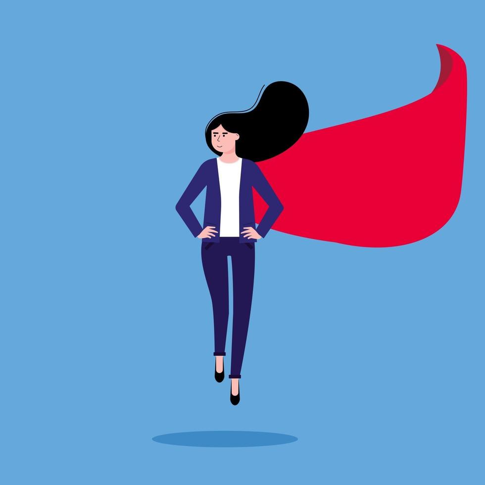Succesvolle vrouw leider zakenvrouw in pak en rode cape vlakke stijl ontwerp vectorillustratie geïsoleerd op blauwe achtergrond concept van leiderschap en succes in zakelijke carrièregroei vector