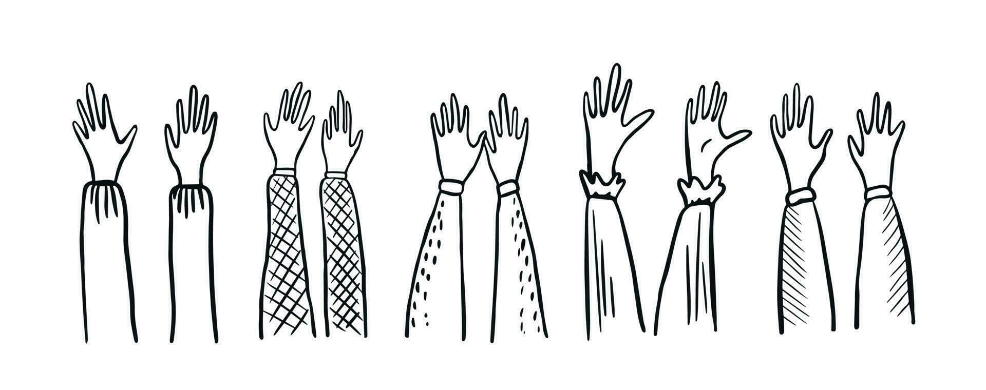 handen omhoog handen stemmen handen klap applaus houdt van.groep van gelijkgestemde mensen.vector illustratie.hand getrokken in een tekening stijl.zwart lijnen Aan wit achtergrond. vector