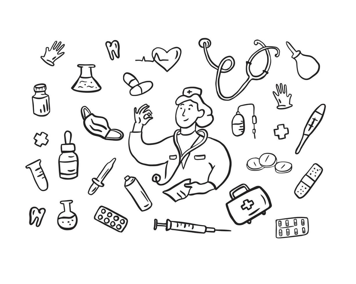 hand- getrokken medisch tekening reeks in vector.afbeelding van dokter met verschillend medisch items en symbolen. vector