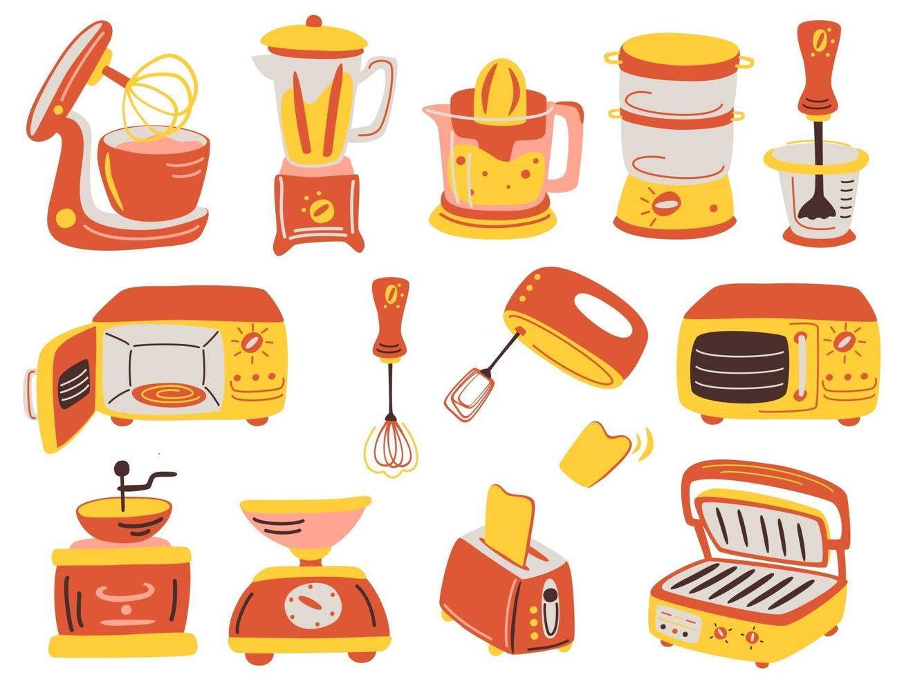 cartoon keukenapparatuur set. fruitpers, grill, blender, elektronische weegschaal, koffiemolen, broodrooster, blender, magnetron, mixer met keukenrobot. vector