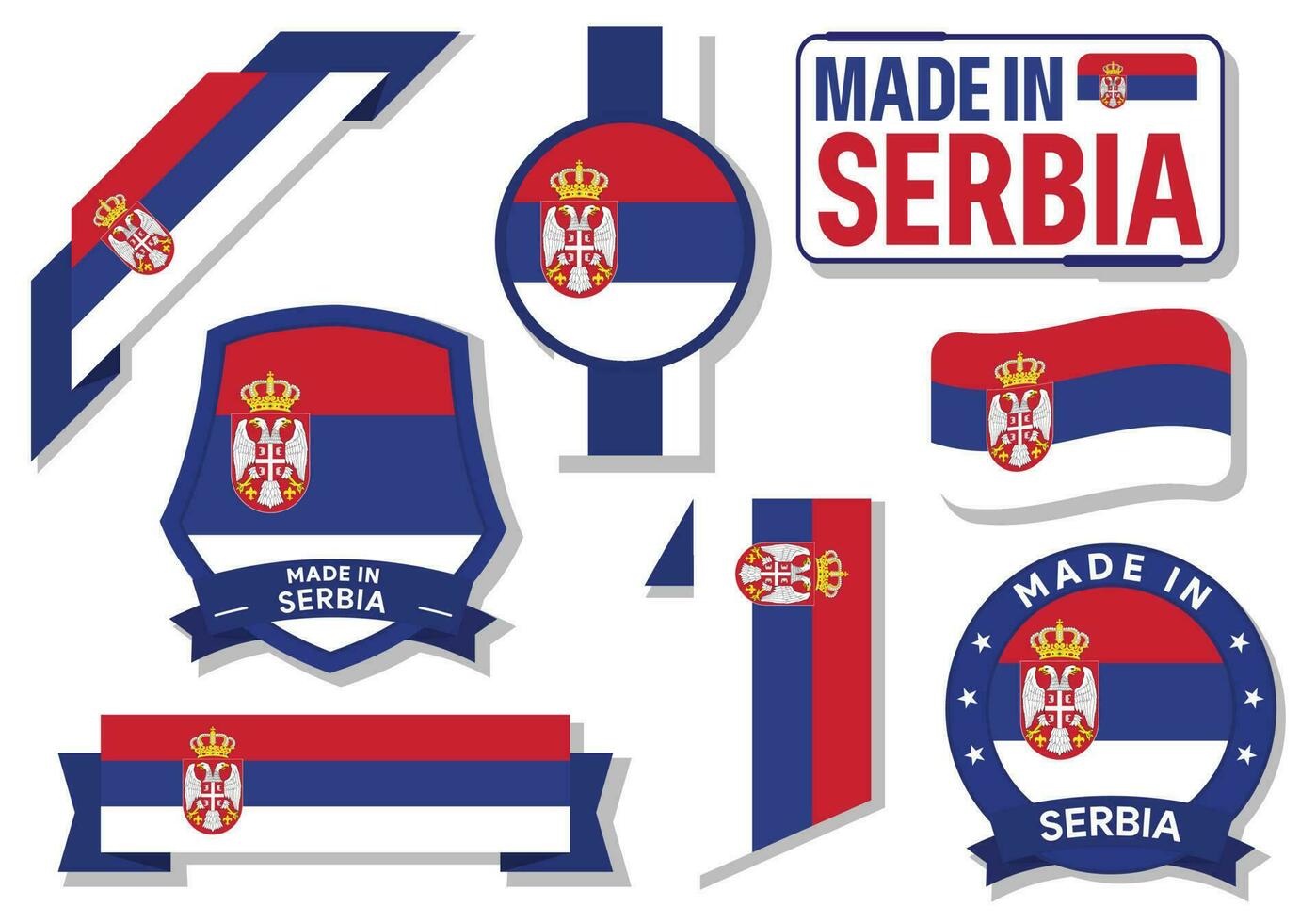 verzameling van gemaakt in Servië badges etiketten Servië vlaggen in lint vector illustratie vrij vector