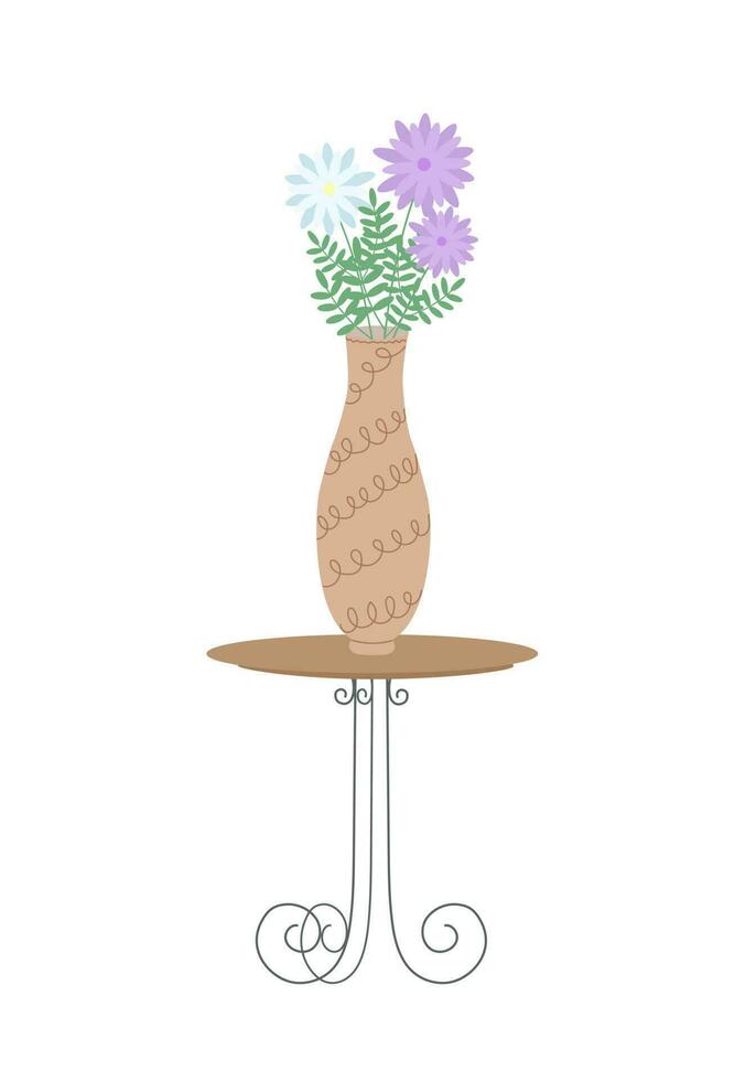 bloemen in beige porselein vaas Aan de tafel gemakkelijk vlak stijl vector illustratie, knus huis concept voor romantisch groet kaart, uitnodiging