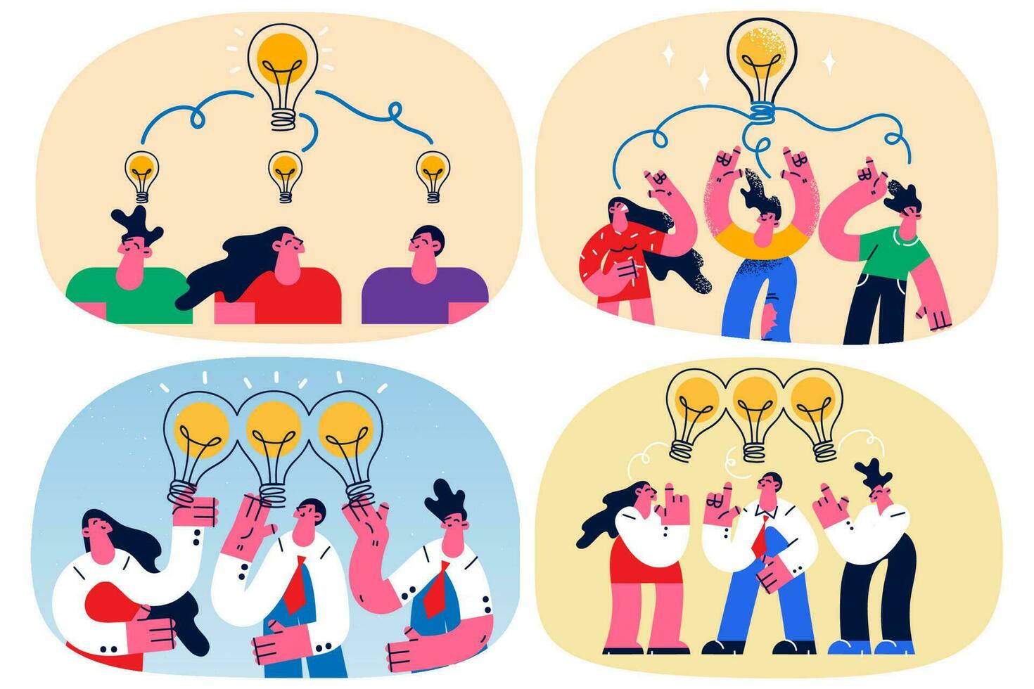 verschillend collega's verloofd in creatief denken samenwerken samen Bij vergadering Bij werkplek. mensen uit het bedrijfsleven brainstorm werk Aan bedrijf idee of plan. teamwerk, innovatie. vlak vector illustratie.