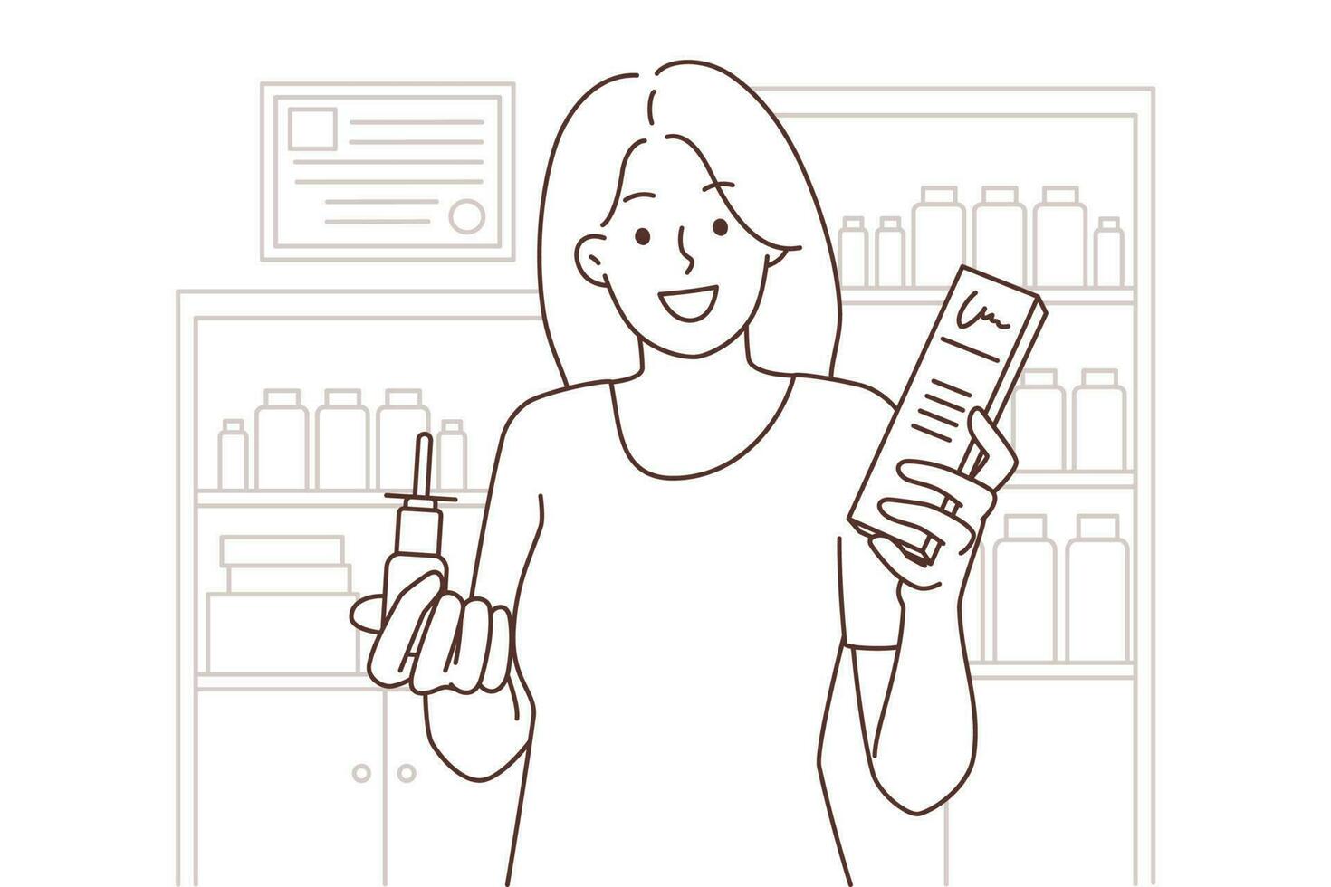 glimlachen vrouw buying geneesmiddel in apotheek. gelukkig vrouw cliënt met medicijnen in drogisterij. gezondheidszorg en geneesmiddel. vector illustratie.