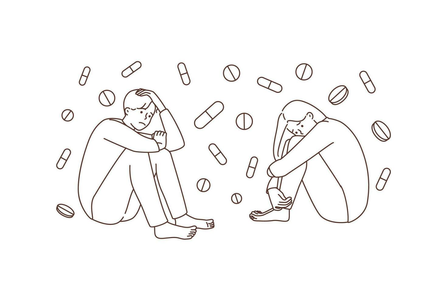 depressief mensen lijden van geneesmiddel afhankelijkheid. ongelukkig patiënten worstelen met farmaceutisch problemen. geneeskunde en gezondheidszorg. vector illustratie.