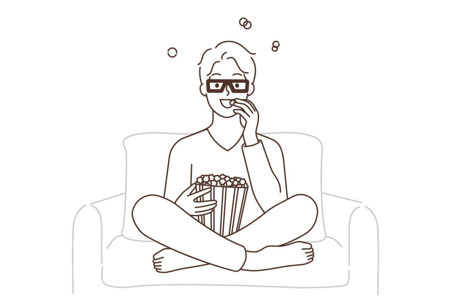 gelukkig jong Mens in 3d bril aan het kijken film aan het eten popcorn. glimlachen vent met tussendoortje genieten film in huis theater. vermaak concept. vector illustratie.