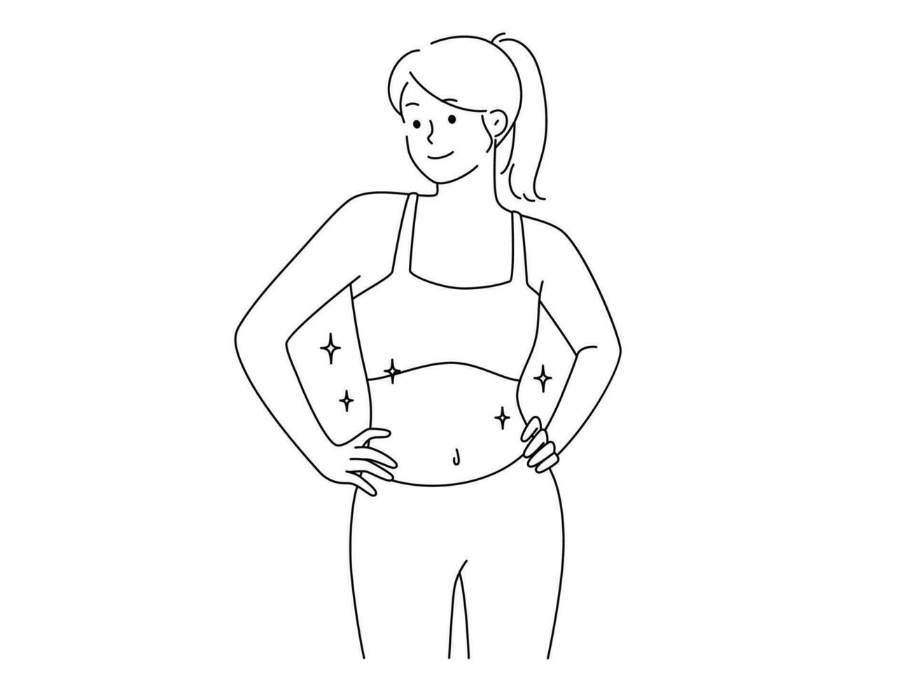 portret van gelukkig afgezwakt vrouw in sportkleding trots van mooi zo vorm geven aan. glimlachen jong fit vrouw tonen sportief lichaam figuur. sport en gezond levensstijl. vector illustratie.