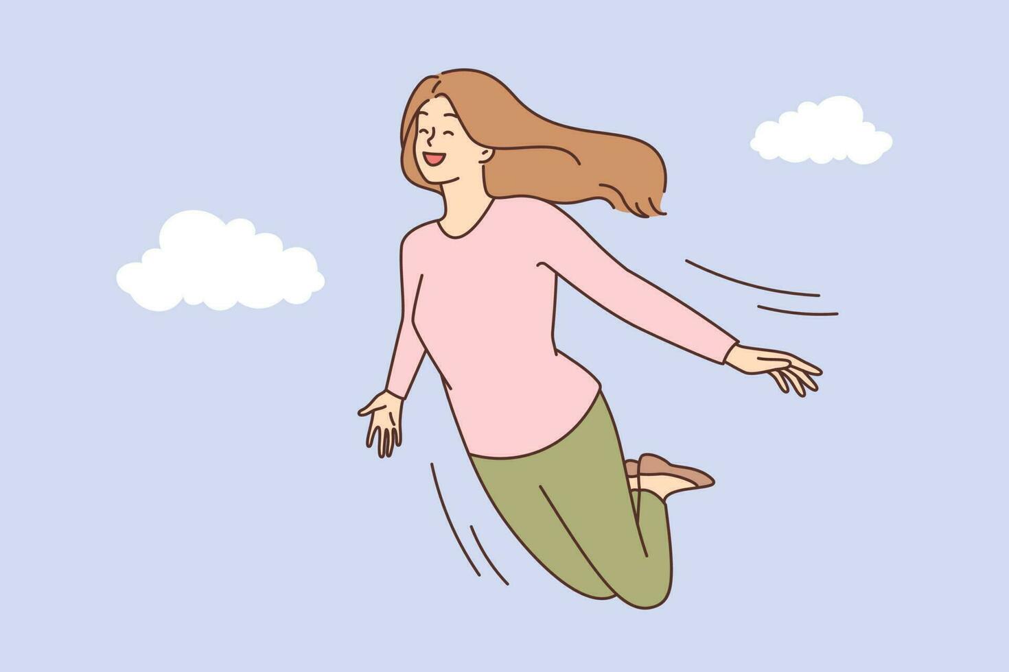 glimlachen jong vrouw vliegend in lucht tussen wolken. gelukkig meisje dromen of visualiseren. dromer in verbeeldingskracht en fantasieën. vector illustratie.