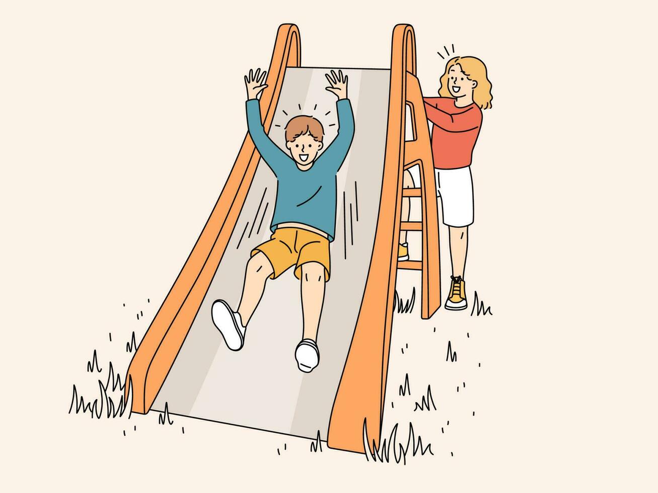 gelukkig kinderen hebben pret in werf rijden van heuvel. glimlachen kinderen genieten buitenshuis activiteiten spelen samen. jeugd. vector illustratie.