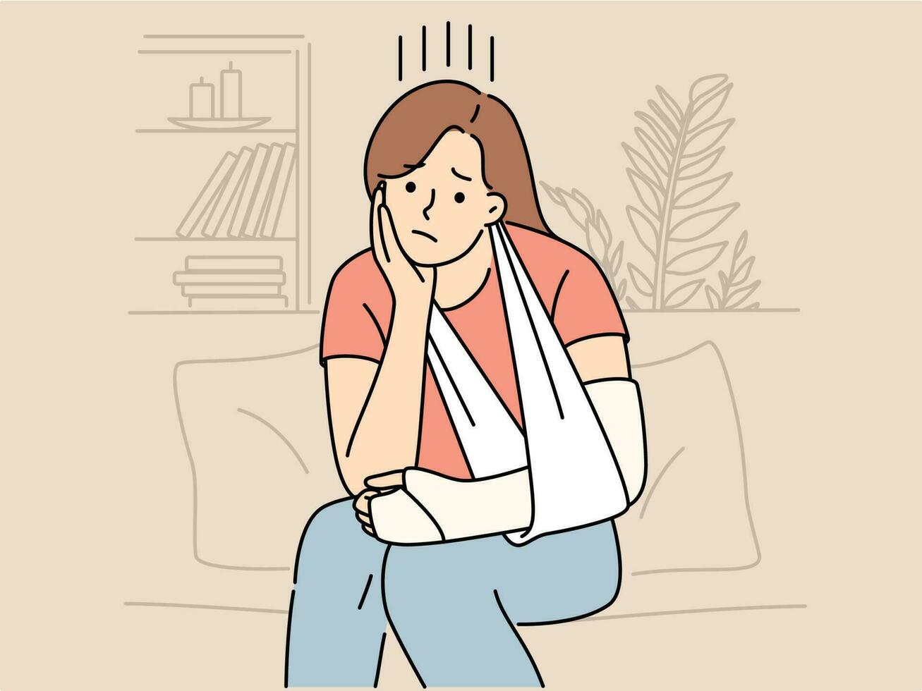 ongelukkig jong vrouw zitten Aan sofa Bij huis met gebroken arm in verband. van streek meisje met hand- letsel slijtage splitsen. gezondheidszorg en revalidatie. vector illustratie.