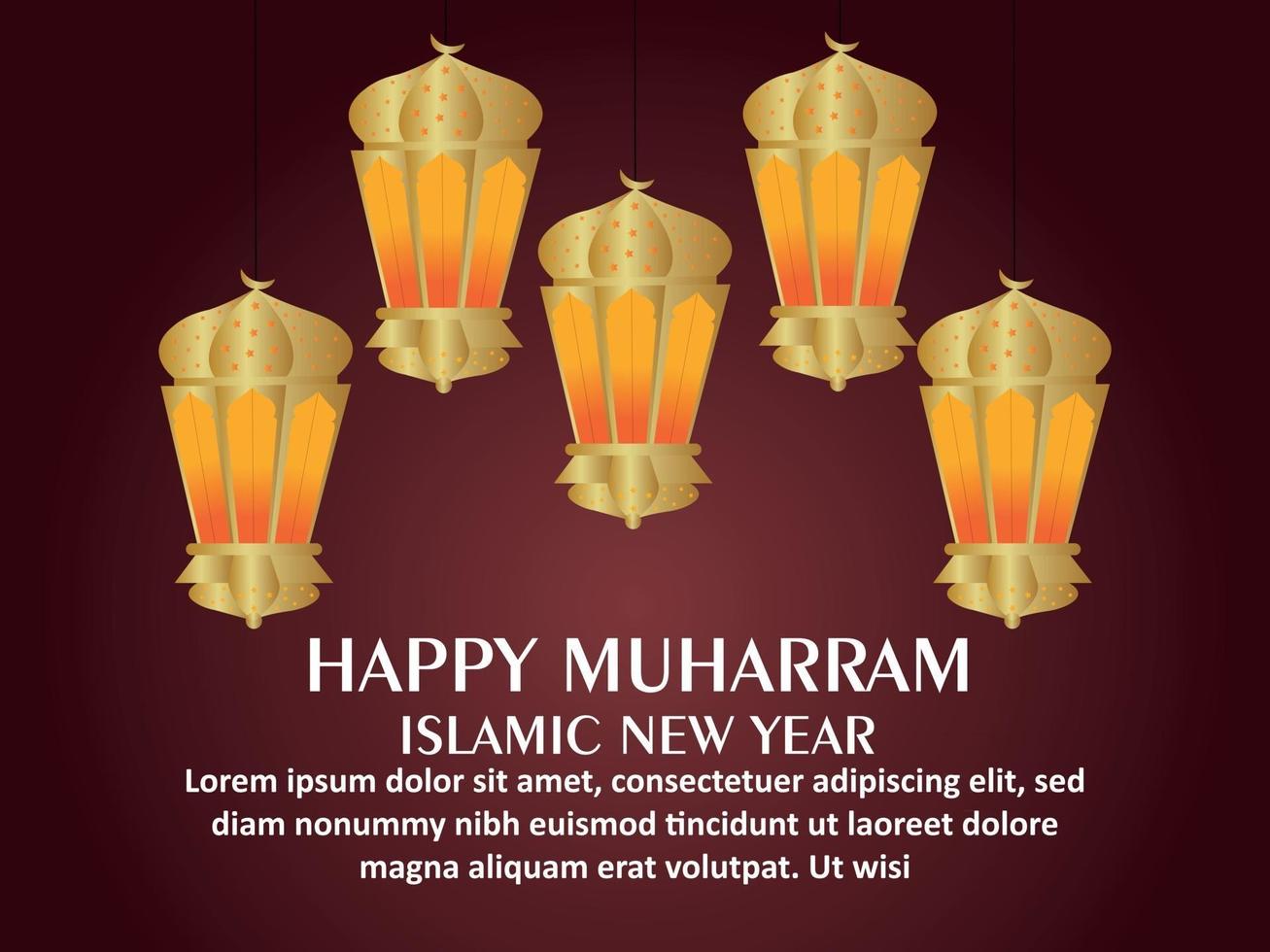 gelukkige muharram viering wenskaart met gouden islamitische lantaarn vector