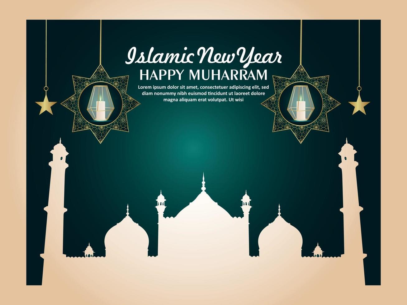 islamitische nieuwe jaar gelukkige muharram realistische achtergrond met patroonlantaarn en moskee vector