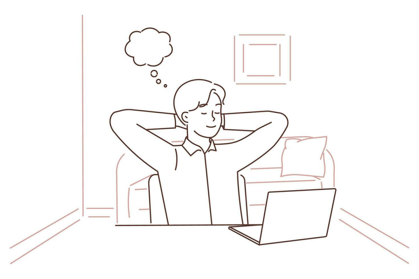 jong Mens zitten Bij bureau afgeleid van computer werk dromen en visualiseren. gelukkig zakenman nemen breken van laptop baan nemen dutje. vector illustratie.